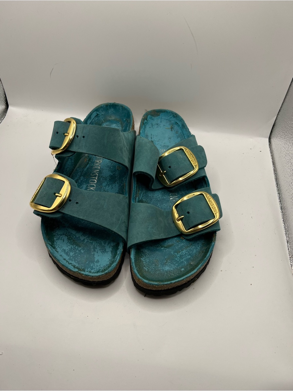 Birkenstock Teal Arizona Sandals with Gold Buckles - Picture 2 of 9